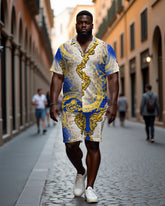 Men's Plus Size Baroque Luxury Leopard Print Blue Textured Casual Cuban Collar Short Sleeve Shirt Shorts Suit
