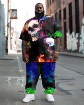 Men's Plus Size Street Fashion Flame Skull Print T-Shirt Trousers Suit