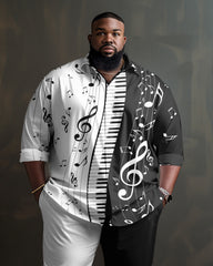 Men's Plus Size Piano Notes Long Sleeve Lapel 2 Shirt Set