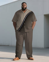 Men's Plus Size Brown Line Gradient Print Short Sleeve Shirt Trousers Suit