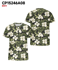 Men's Plus Size Hawaiian Floral Print Henry Collar Button Short Sleeve Tee