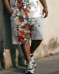 Big & Tall Men's White Vintage Floral Print Tank Shorts Suit