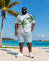 Big & Tall Men's Hawaiian Blue Coconut Stripe Print Round Neck Short Sleeve T-Shirt Shorts Suit