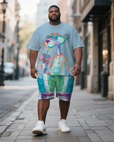 Men's Plus Size Blue Graffiti Milk Tea Leopard Print Short-sleeved T-shirt Shorts Suit