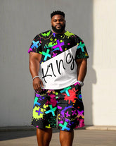 Men's Plus Size Street Graffiti King Print Short Sleeve T-Shirt Shorts Suit