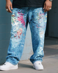 Plus Size Men's Cat Print T-Shirt Splash Ink Pants Denim Suit