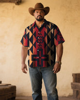 Men's Plus Size Western Denim Black & Red Printed Short Sleeve Shirt