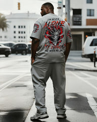 Big & Tall Men's I'M NEVER ALONE SKULL DEMON ALL OVER Printed T-shirt Long Pants Set