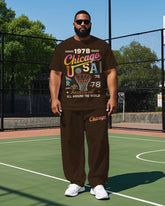 Big Men's Colorful Artistic Letter Chicago 1978 Ball Printed Short Sleeve T-shirt Pants Set