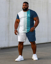 Men's Plus Size Gradient Blue Color Block Chest "A" Printed Short Sleeve T-shirt Shorts Suit