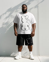 Men's Plus Size Black And White Simple Pen Line Bear Print Short Sleeve T-shirt Shorts Suit