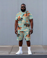 Big Men Hawaiian Style Horse Riding Cowboy Print Short Sleeve T-shirt and Shorts Set