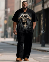 Big & Tall Men's Black Love Skull Print Short Sleeve Shirt Pants Suit