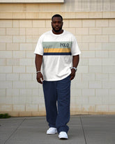 Men's Big & Tall White & Royal Blue Simple Colorblock Alphabet Print Short-sleeved T-shirt Trousers Set