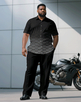 Big & Tall Men's Business Gradient Geometric Black Short Sleeve Shirt Trousers Suit