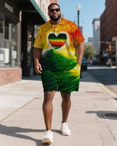 Men's Plus Size Green Yellow Red Gradient Love Print Short Sleeve Polo Shirt Shorts Suit