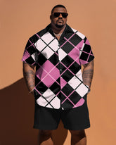 Big Men's Diamond Pink Contrast Plaid Short Sleeve Shirt Shorts Set