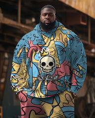 Men's Large Size Tracksuit Skull Graffiti Hoodie and Pants Set