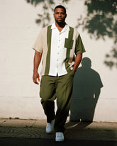 Big & Tall Men's Business Green Colorblock Striped Print Pocket Short Sleeve Shirt Pants Suit