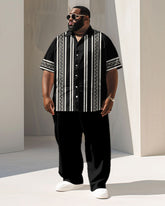 Men's Plus Size Business Simple Greek Geometric Stripe Print Short Sleeve Shirt Suit