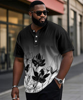 Men's Plus Size Black And White Gradient Floral Print Henry Collar Button Short Sleeve T-shirt