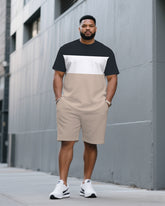 Men's Plus Size Light Khaki & White Navy Blue Colorblock Fashion Round Neck Short Sleeve T-Shirt Shorts Suit