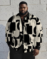 Men's Plus Size Business Khaki Color Block Geometric Print Long Sleeve Shirt