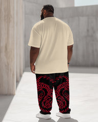 Men's Plus Size Apricot Dragon Totem Print T-Shirt Trousers Suit