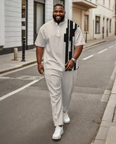 Men's Plus Size Black Apricot Colorblock Geometric Print Henry Collar T-Shirt Trousers Suit