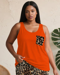 Women's Plus Size Daily Casual Orange Leopard Print Pocket Vest Shorts Suit