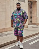 Plus Size Men's Irregular Neon Personality Graffiti Print T-Shirt Pocket Shorts Suit