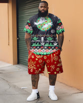 Men's Plus Size Christmas Geometric Print Patchwork Short Sleeve Shorts Set