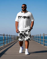 Men's Casual Hawaiian Theme Coconut Trees Stripe Printed Big & Tall Short Sleeve Polo Shirt Shorts Set