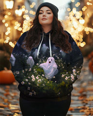 Women's Plus Cute Running Ghost Print Long Sleeve Hoodie