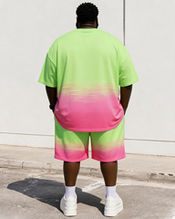 Big & Tall Men’s Gradient Pink Jesus Head Portrait JESUS SAVED Printed Crew-Neck Short-Sleeve T-Shirt And Shorts Set