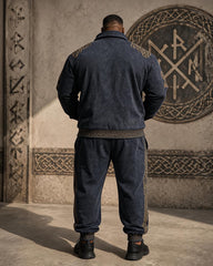 Big & Tall Men's Viking Wolf Head Rune Print Half Zip Sweat Set