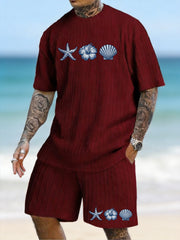 Starfish Shell Hibiscus Flower Printed Texture Pattern Plus Size Seaside Casual Suit