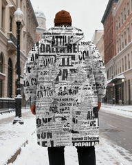 Big & Tall Men's Newspaper Graffiti Print Velvet Thickened Long Hooded Coat