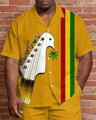 Big & Tall Men's Music Pattern Printed Yellow Short Sleeve Shirt Shorts Set