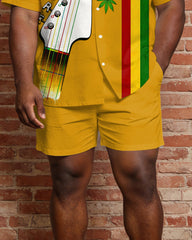 Big & Tall Men's Music Pattern Printed Yellow Short Sleeve Shirt Shorts Set