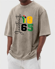 S-5XL Juneteenth 1865 Fist Printed Wash Dressed T-Shirt