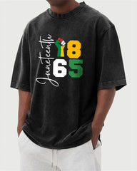 S-5XL Juneteenth 1865 Fist Printed Wash Dressed T-Shirt