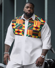 Men's Plus Size Ethnic Check Long Sleeve Shirt Two-Piece Set