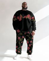 Men's Black Vine Rose Print Plus Size Round Neck Sweatshirt Suit