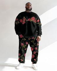 Men's Black Vine Rose Print Plus Size Round Neck Sweatshirt Suit
