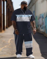 Big Men‘s Street Color Block Retro Gentle And Peaceful Hip-Hop Casual Two-piece Set