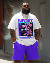 Men's Plus Size Crew Neck T-Shirt and Shorts Set with Bear Letter Print