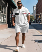Men's Plus Size Daily White Stripe Alphabet Print Short Sleeve Polo Shirt Shorts Suit
