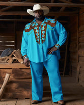Men's Plus Size Western Denim Style Blue Long Sleeve Trousers Two-Piece Set