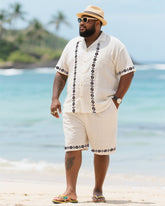 Big Men's Vacation Casual Bohemian Style Double Striped Edge Textured Short Sleeve Shirt Shorts Suit